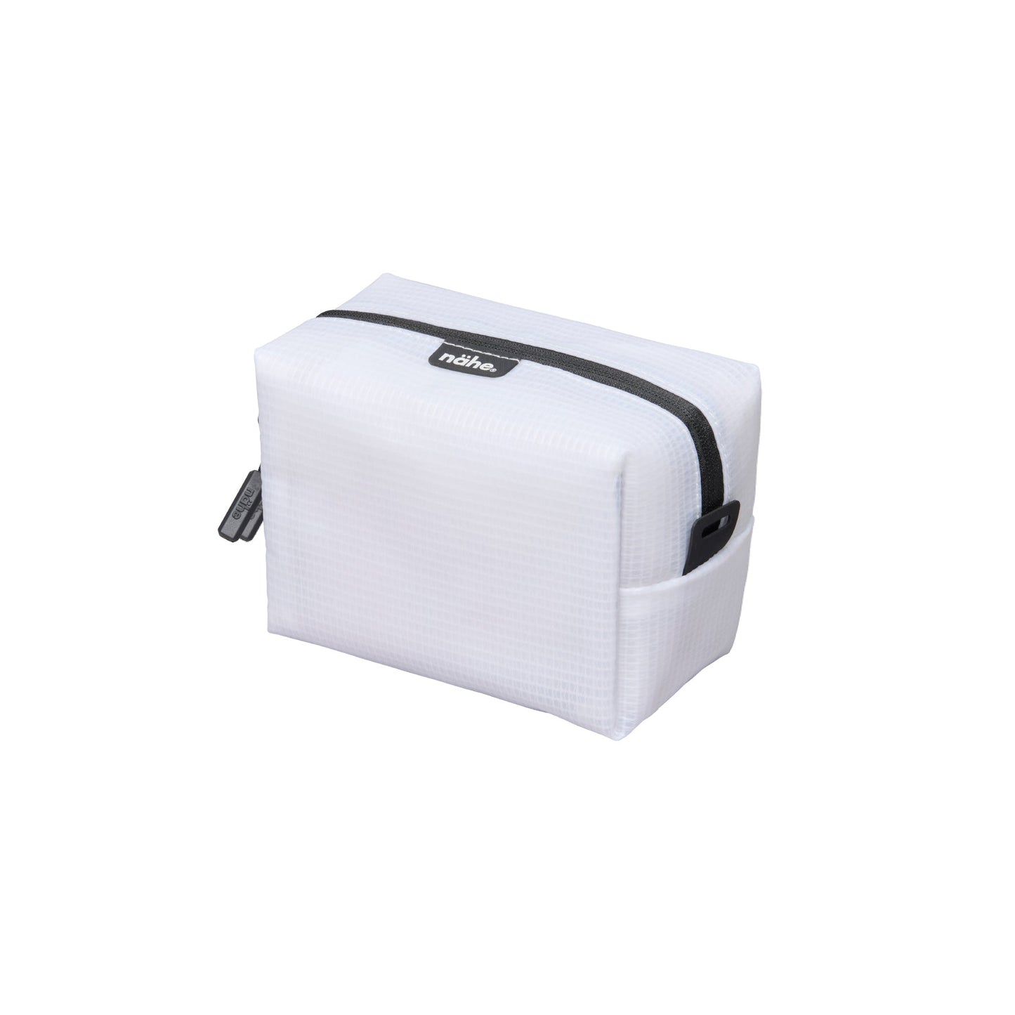 Small rectangular Nähe pouch in Clear grid-patterned material with black top zipper and side pocket.