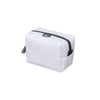Small rectangular Nähe pouch in Clear grid-patterned material with black top zipper and side pocket.