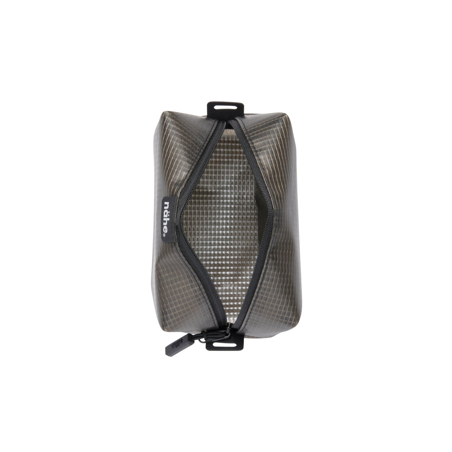 Nähe Soft Grid Pouch in Gray, small semi-transparent grid-patterned PVC case with curved zipper and loop handle.