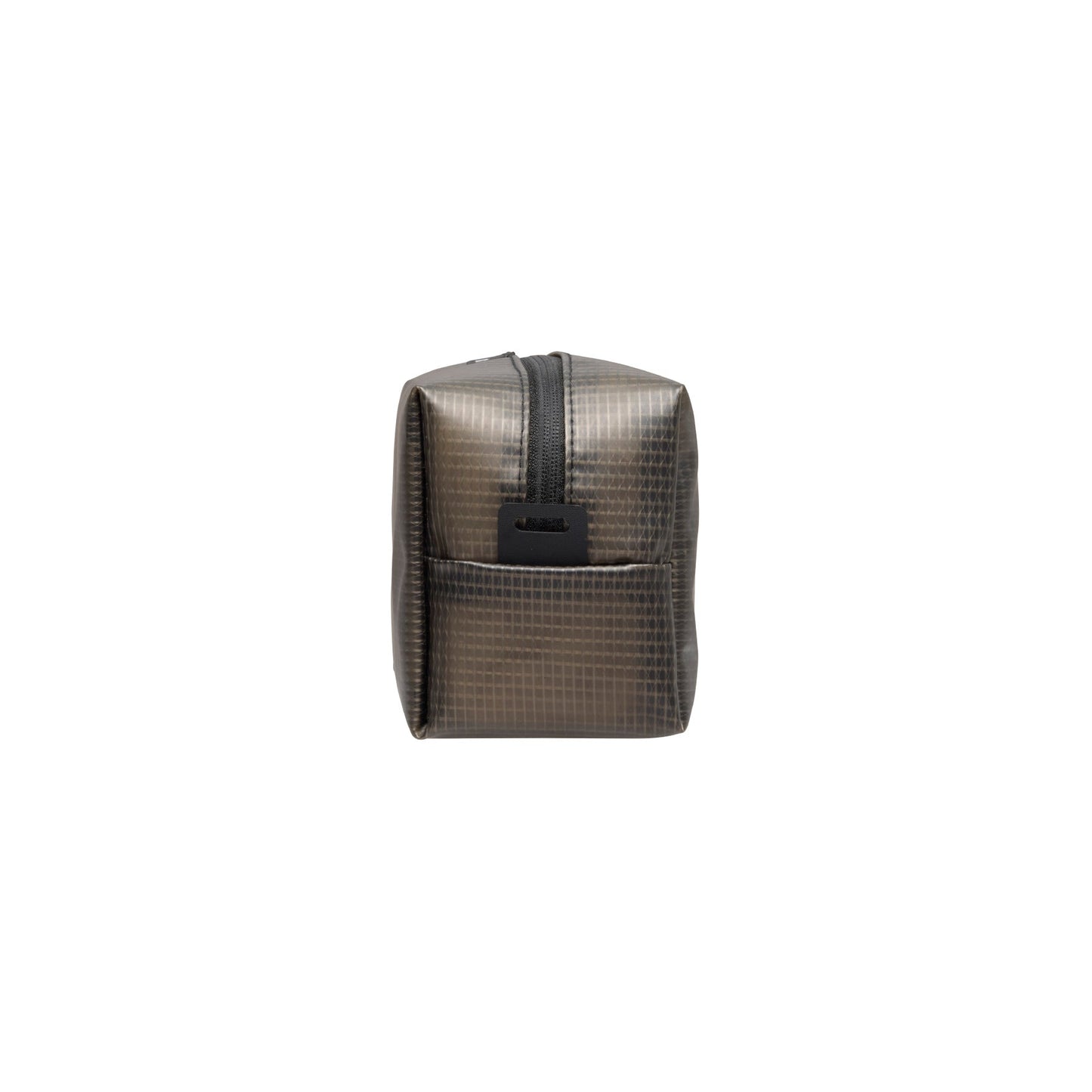 Side view of the Gray grid-patterned Soft Grid Pouch, showing its boxy shape, zipper and front pocket.