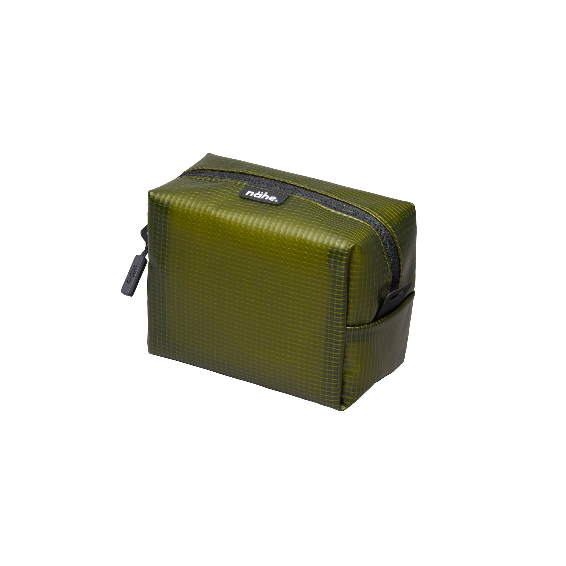 Nähe Soft Grid Pouch in Green, small boxy zip pouch with grid-patterned surface and dark zipper pull.