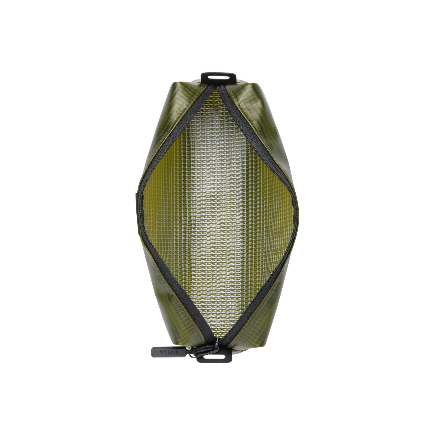 Green grid-patterned PVC pouch by Nähe, standing upright with a curved dark zipper and top pull tab.