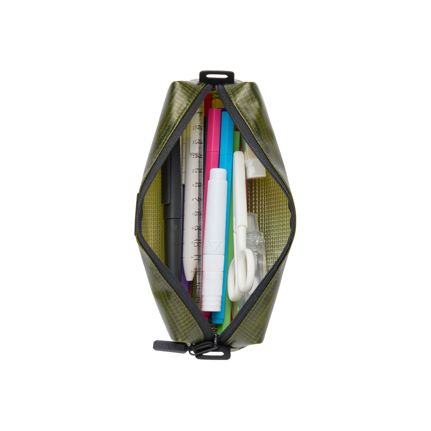 Green translucent grid-textured pouch unzipped from the top, holding pens, markers, a ruler and scissors.