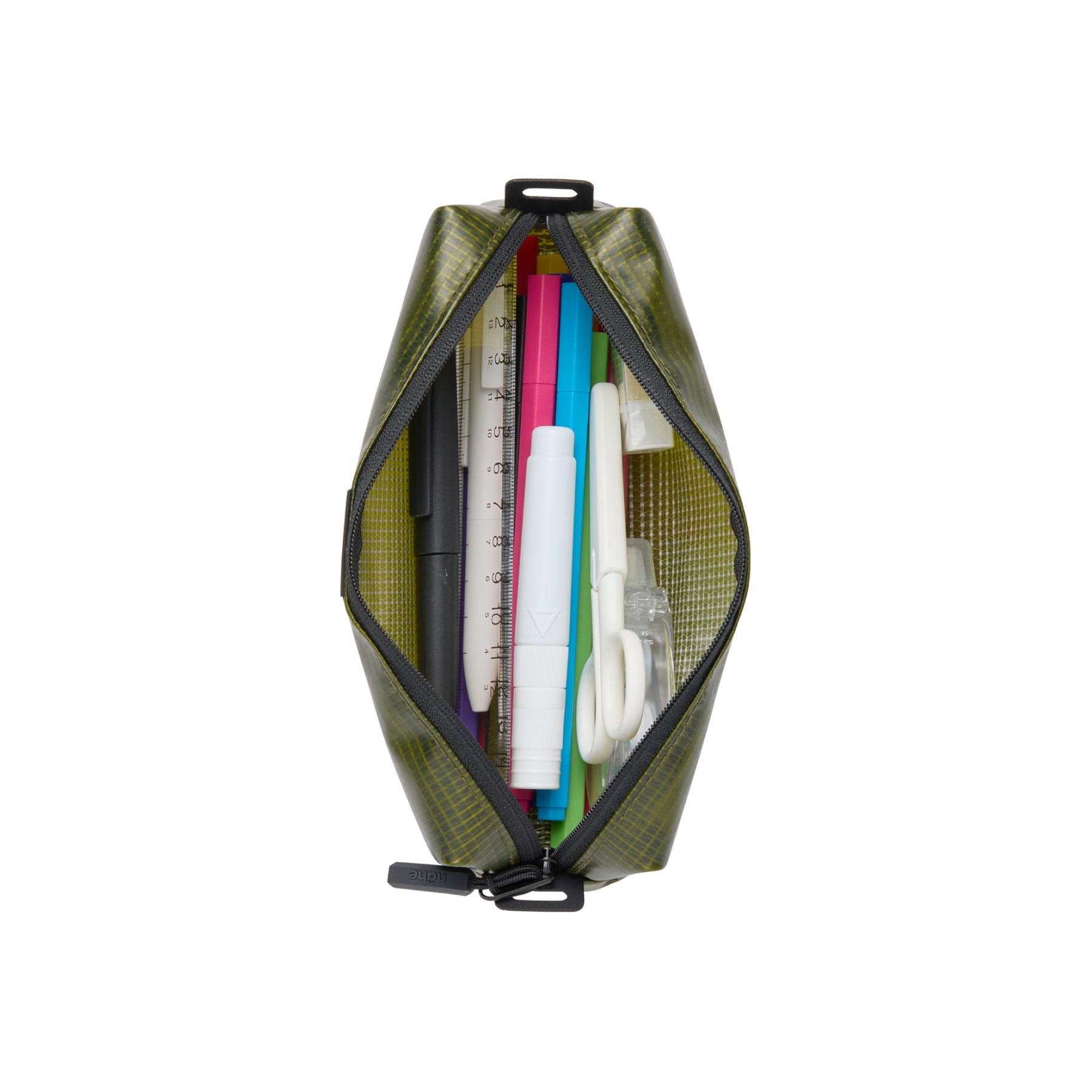 Green translucent grid-textured pouch unzipped from the top, holding pens, markers, a ruler and scissors.