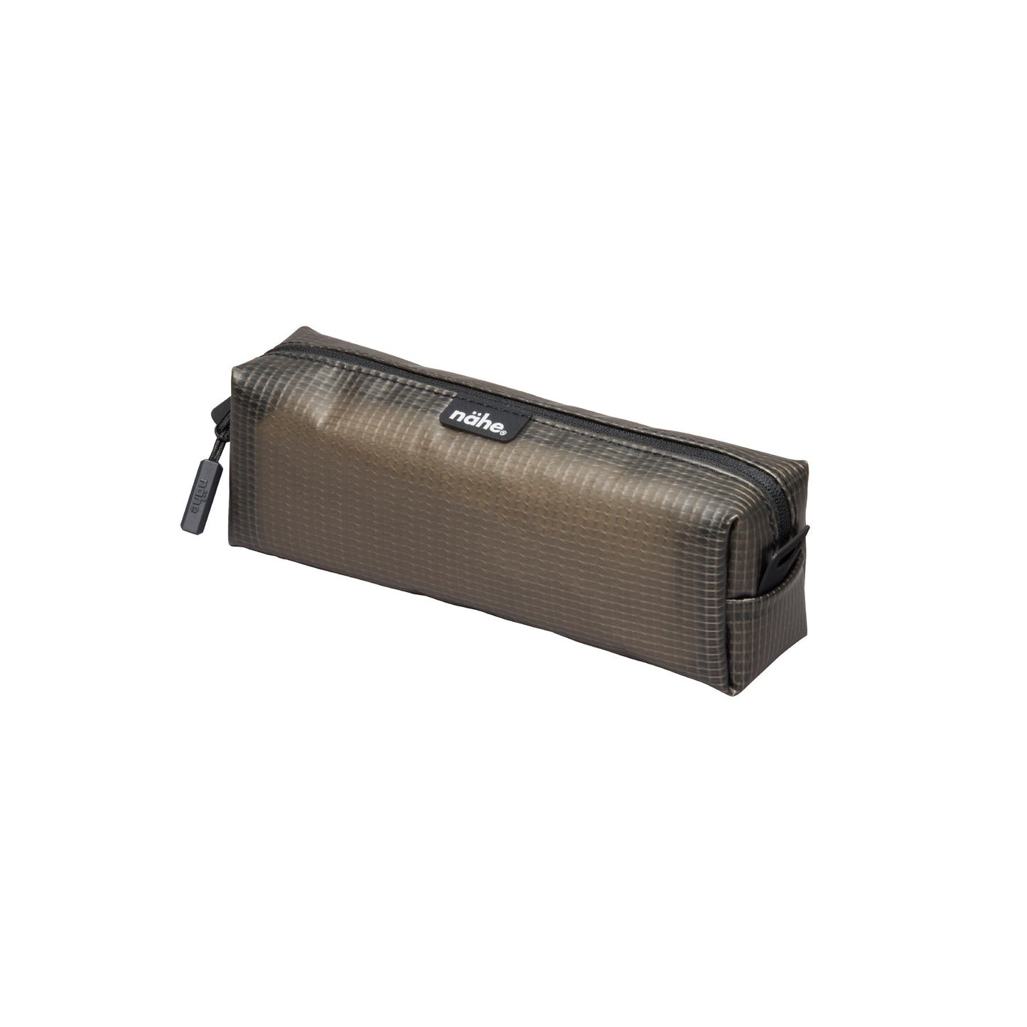 Nähe Soft Grid Pouch in Gray, a boxy zippered PVC case with grid texture and side pull tab, shown at an angle.